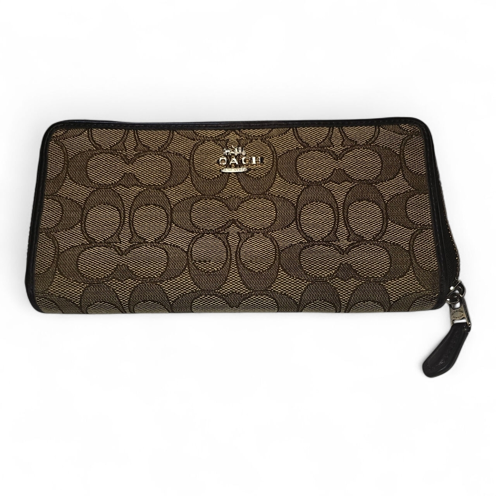 Coach Tan and Brown Signature Zip Wallet